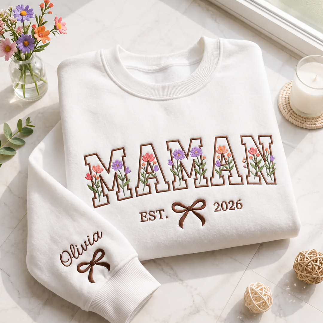 Sweat-shirt à motifs floraux brodés et personnalisés – Cadeau de Noël pour maman ou mamie