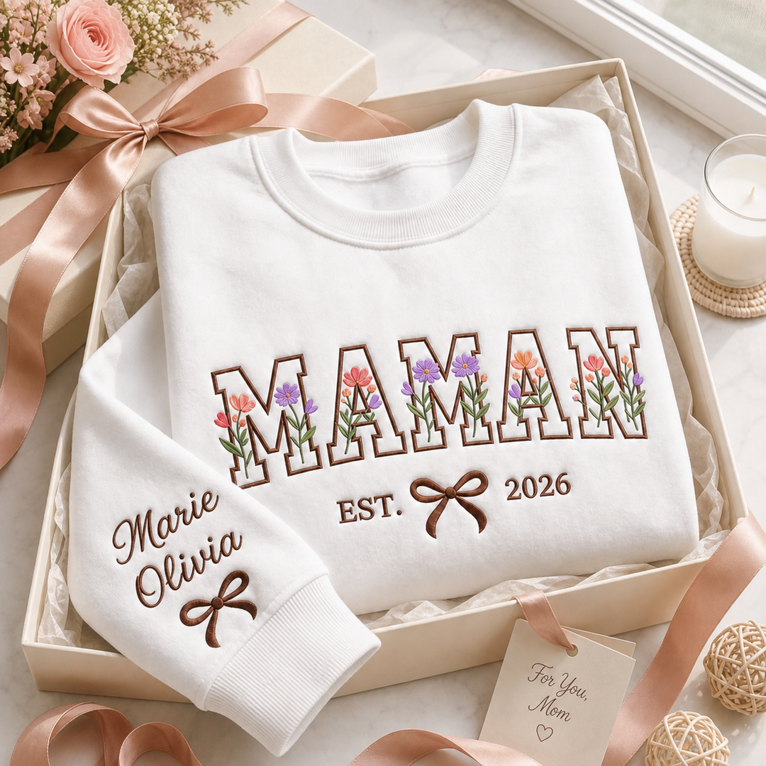 Sweat-shirt à motifs floraux brodés et personnalisés – Cadeau de Noël pour maman ou mamie
