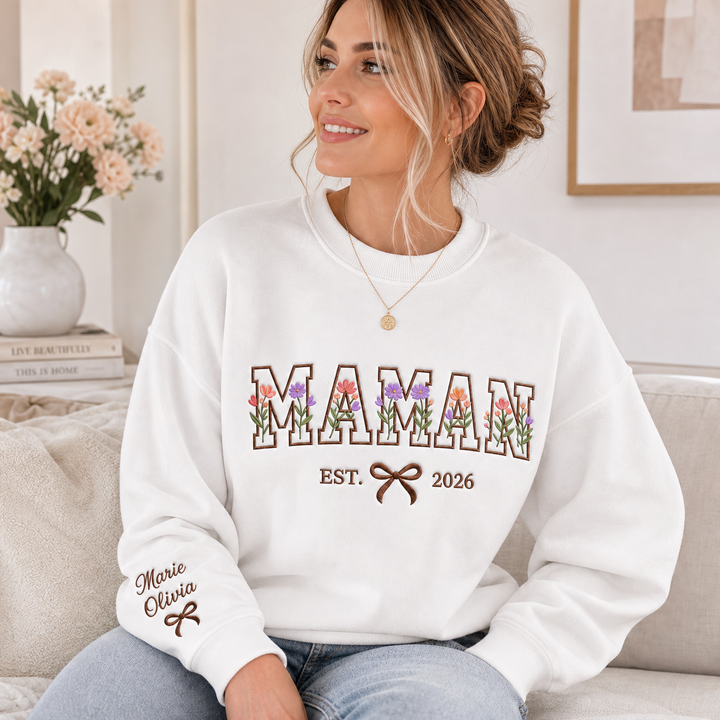 Sweat-shirt à motifs floraux brodés et personnalisés – Cadeau de Noël pour maman ou mamie