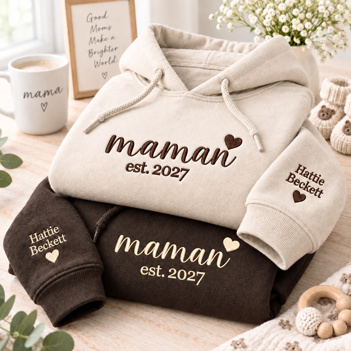Sweat-shirt brodé personnalisé avec les prénoms des enfants sur la manche – Cadeau de Noël pour maman ou mamie