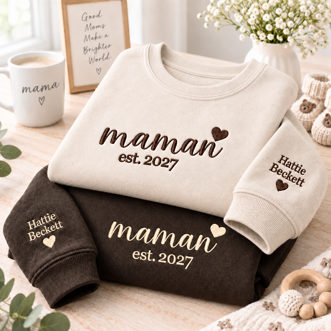 Sweat-shirt brodé personnalisé avec les prénoms des enfants sur la manche – Cadeau de Noël pour maman ou mamie
