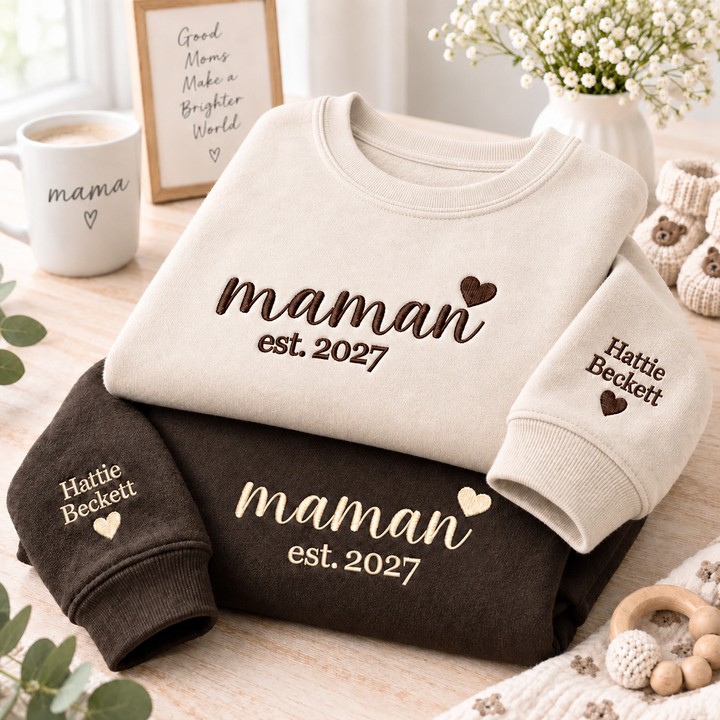 Sweat-shirt brodé personnalisé avec les prénoms des enfants sur la manche – Cadeau de Noël pour maman ou mamie