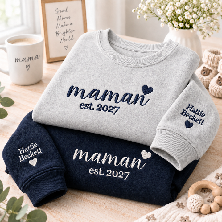 Sweat-shirt brodé personnalisé avec les prénoms des enfants sur la manche – Cadeau de Noël pour maman ou mamie