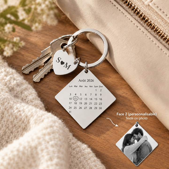 Porte-clés Calendrier Personnalisé – Cadeau Romantique pour Couple avec Photo, Date Souvenir et Pendentif Cœur