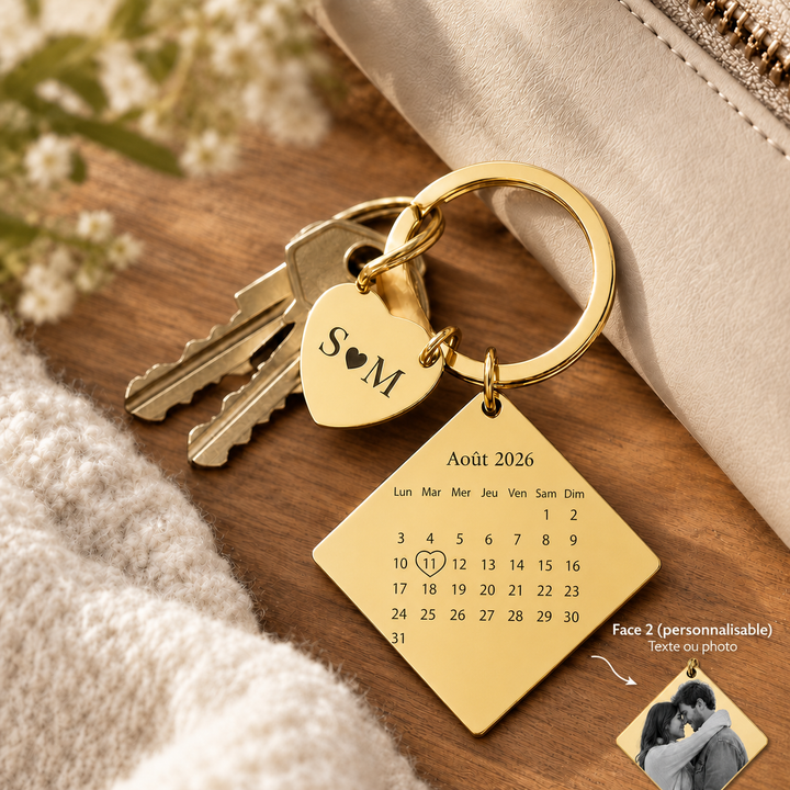Porte-clés Calendrier Personnalisé – Cadeau Romantique pour Couple avec Photo, Date Souvenir et Pendentif Cœur