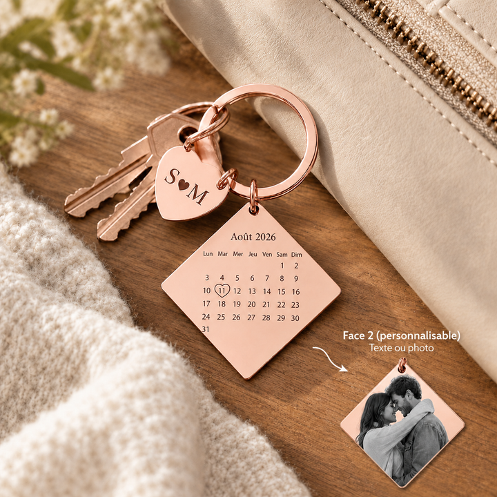 Porte-clés Calendrier Personnalisé – Cadeau Romantique pour Couple avec Photo, Date Souvenir et Pendentif Cœur