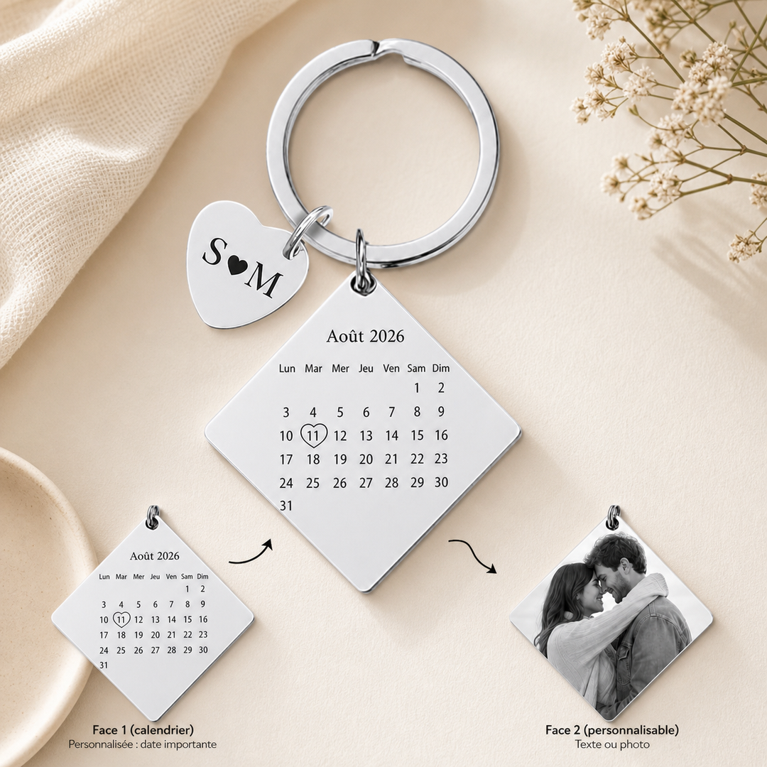 Porte-clés Calendrier Personnalisé – Cadeau Romantique pour Couple avec Photo, Date Souvenir et Pendentif Cœur