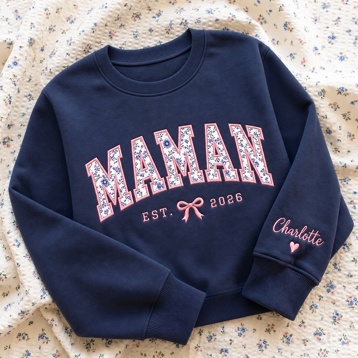 Sweatshirt MAMAN Personnalisé, Broderie Florale en Appliqué, Cadeau pour Maman