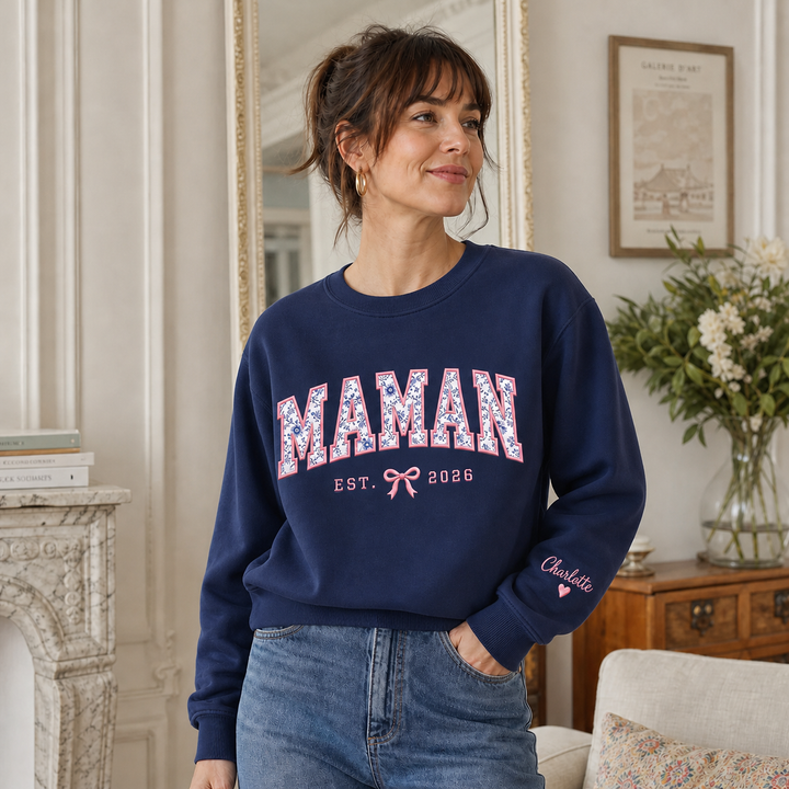 Sweatshirt MAMAN Personnalisé, Broderie Florale en Appliqué, Cadeau pour Maman