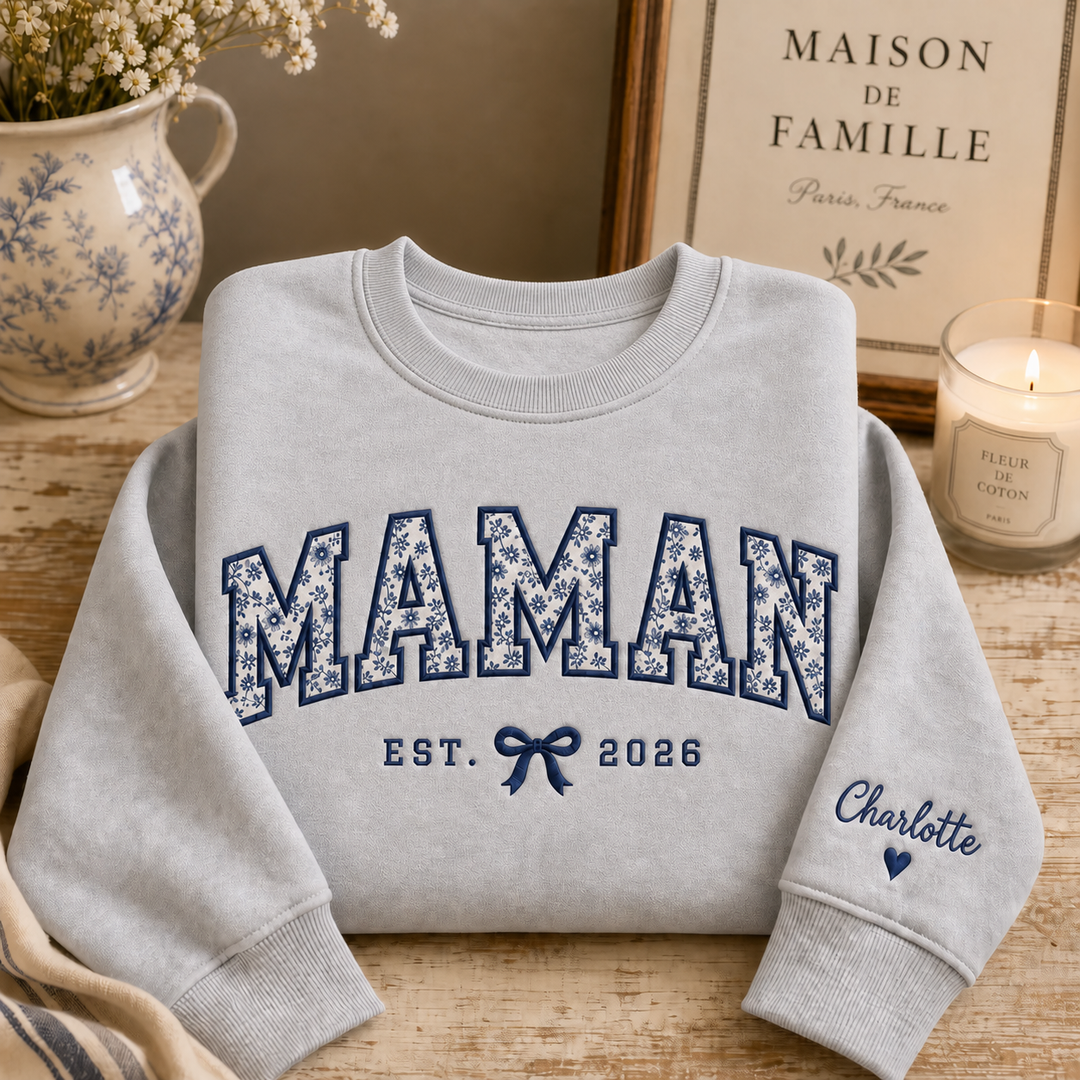 Sweatshirt MAMAN Personnalisé, Broderie Florale en Appliqué, Cadeau pour Maman