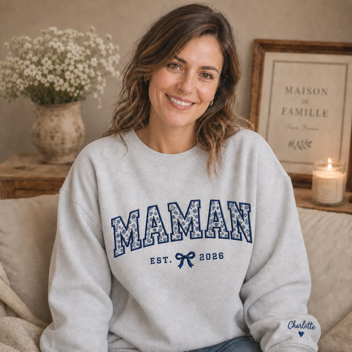 Sweatshirt MAMAN Personnalisé, Broderie Florale en Appliqué, Cadeau pour Maman