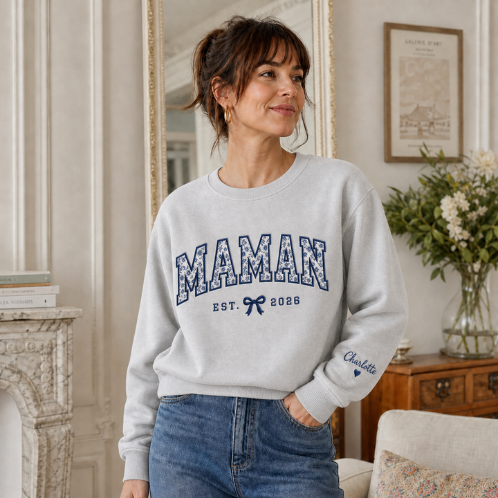 Sweatshirt MAMAN Personnalisé, Broderie Florale en Appliqué, Cadeau pour Maman