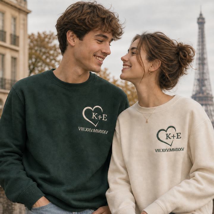 Sweatshirt Personnalisé Date en Chiffres Romains avec Cœur- Cadeau de Couple