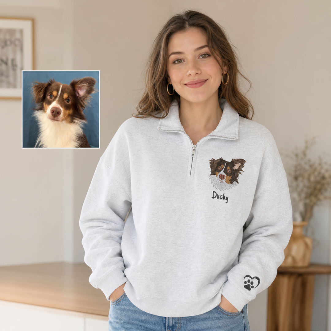 Sweat à Quart de Zip Personnalisé avec Portrait d'Animal Brodé en Couleurs