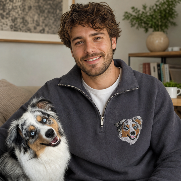 Sweat à Quart de Zip Personnalisé avec Portrait d'Animal Brodé en Couleurs
