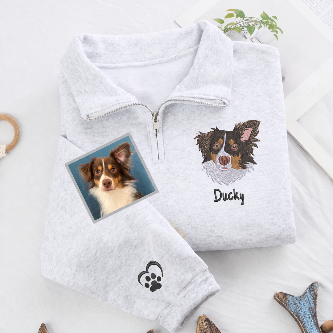 Sweat à Quart de Zip Personnalisé avec Portrait d'Animal Brodé en Couleurs