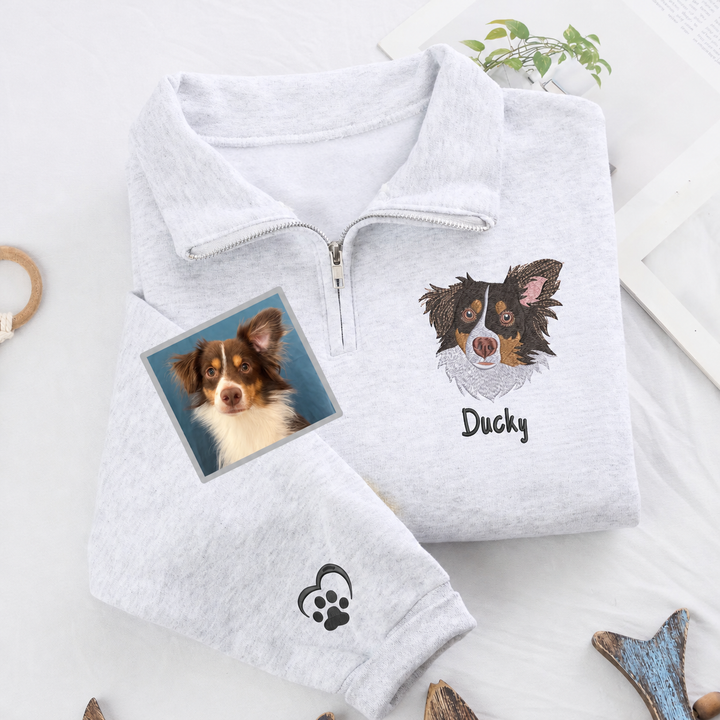 Sweat à Quart de Zip Personnalisé avec Portrait d'Animal Brodé en Couleurs