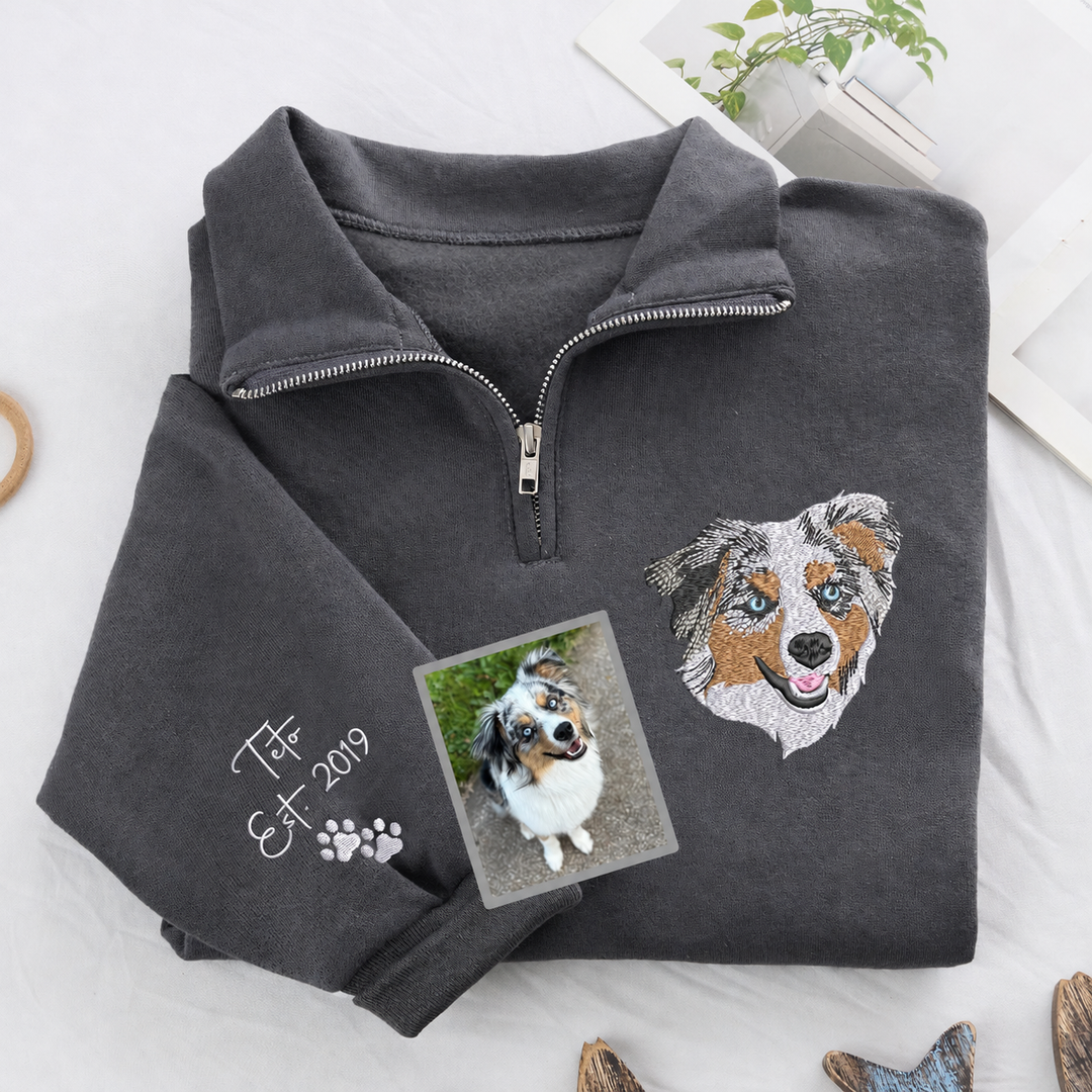 Sweat à Quart de Zip Personnalisé avec Portrait d'Animal Brodé en Couleurs