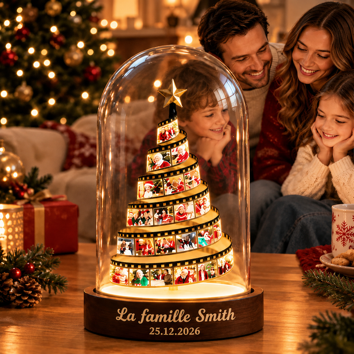 Veilleuse sapin de Noël personnalisée avec pellicule photo et socle en bois gravé – Cadeau de Noël pour la famille
