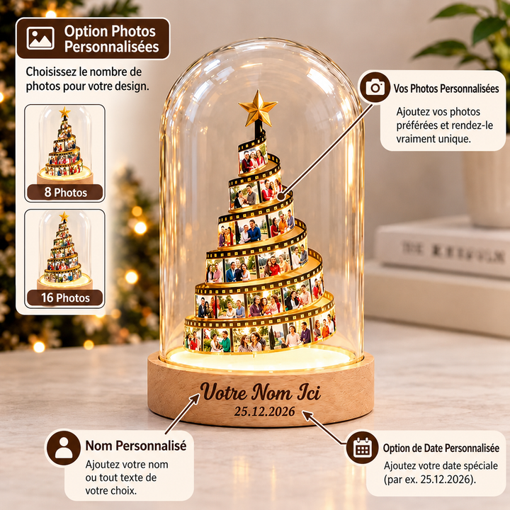 Veilleuse sapin de Noël personnalisée avec pellicule photo et socle en bois gravé – Cadeau de Noël pour la famille