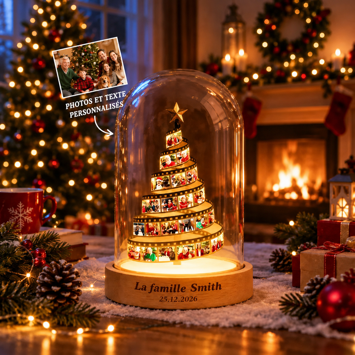 Veilleuse sapin de Noël personnalisée avec pellicule photo et socle en bois gravé – Cadeau de Noël pour la famille