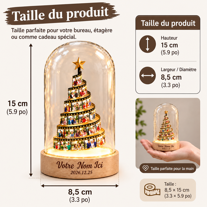 Veilleuse sapin de Noël personnalisée avec pellicule photo et socle en bois gravé – Cadeau de Noël pour la famille