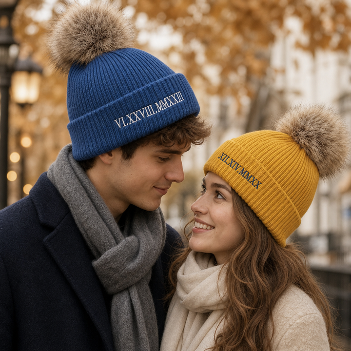 Bonnet d'hiver brodé personnalisé avec chiffres romains pour couple – Cadeau pour lui ou pour elle