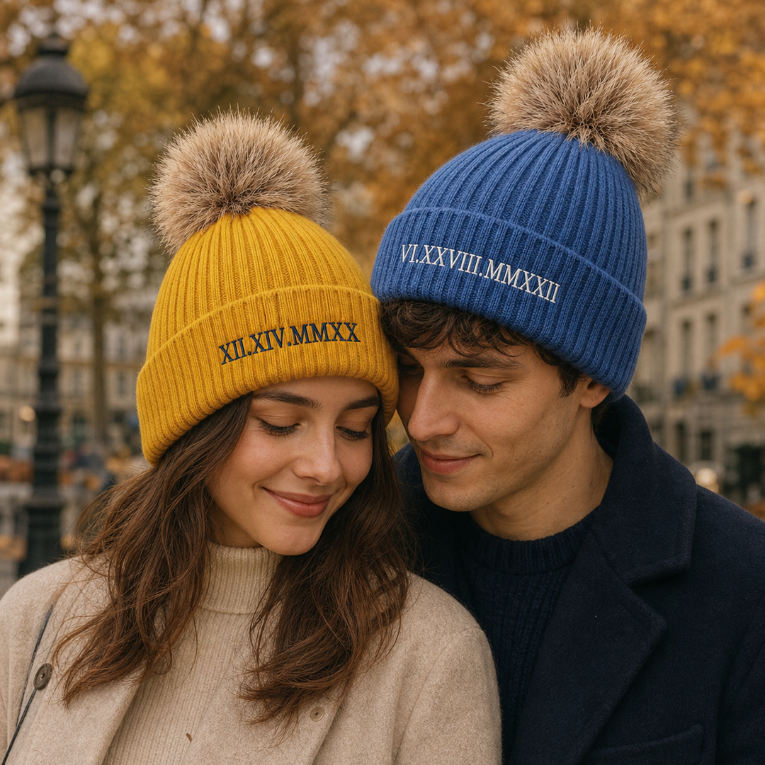Bonnet d'hiver brodé personnalisé avec chiffres romains pour couple – Cadeau pour lui ou pour elle
