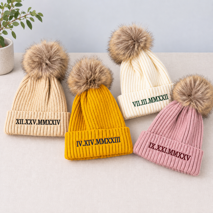 Bonnet d'hiver brodé personnalisé avec chiffres romains pour couple – Cadeau pour lui ou pour elle