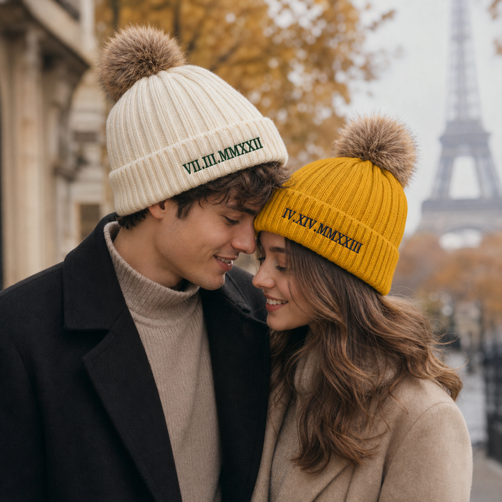 Bonnet d'hiver brodé personnalisé avec chiffres romains pour couple – Cadeau pour lui ou pour elle