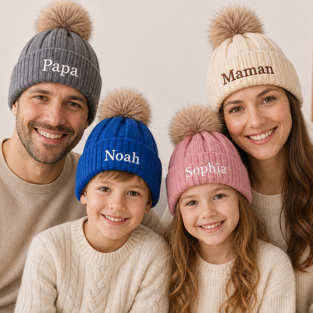 Bonnet d'hiver brodé personnalisé avec nom pour famille– Cadeau pour papa,maman ou enfant