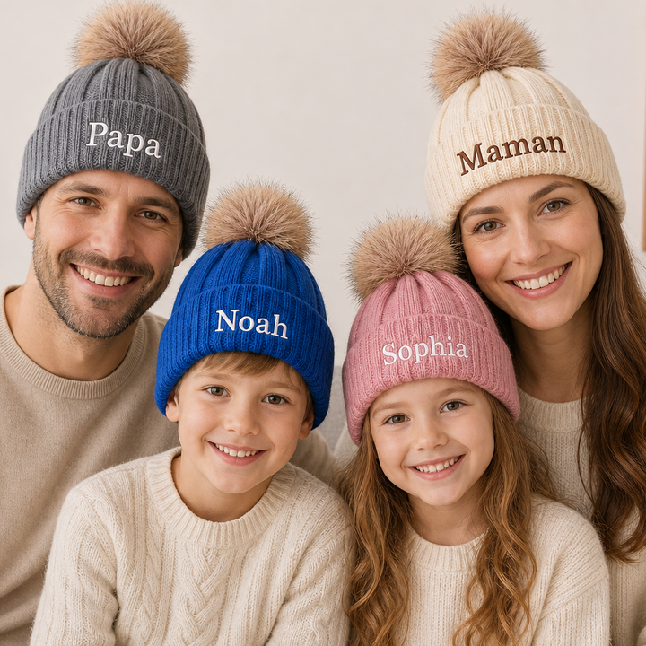 Bonnet d'hiver brodé personnalisé avec nom pour famille– Cadeau pour papa,maman ou enfant