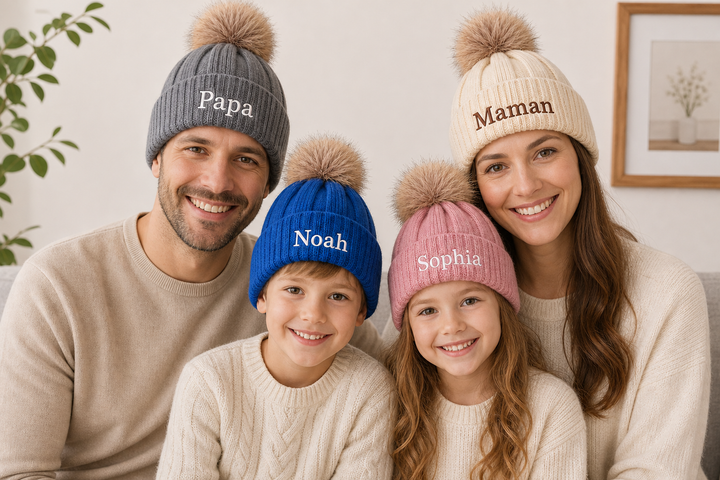 Bonnet d'hiver brodé personnalisé avec nom pour famille– Cadeau pour papa,maman ou enfant