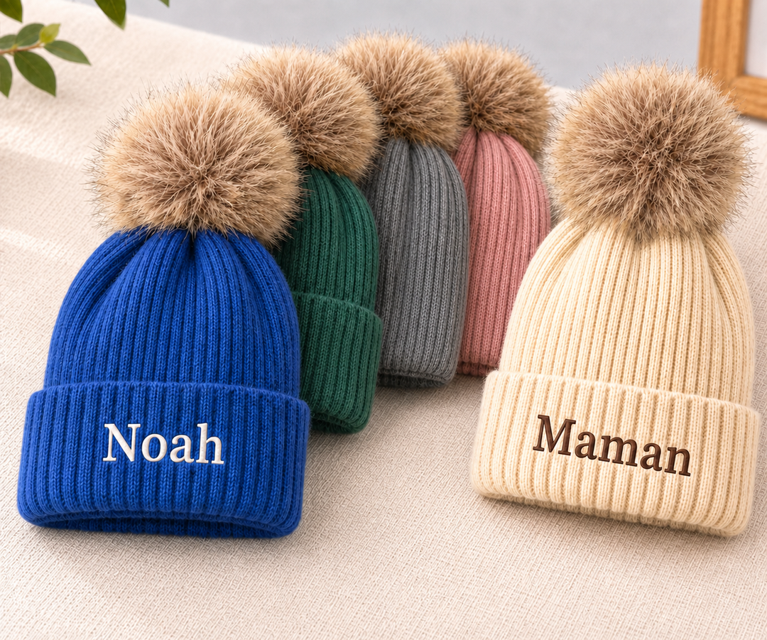 Bonnet d'hiver brodé personnalisé avec nom pour famille– Cadeau pour papa,maman ou enfant
