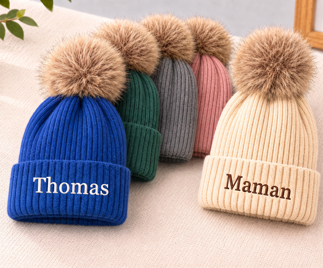 Bonnet d'hiver brodé personnalisé avec nom pour famille– Cadeau pour papa,maman ou enfant