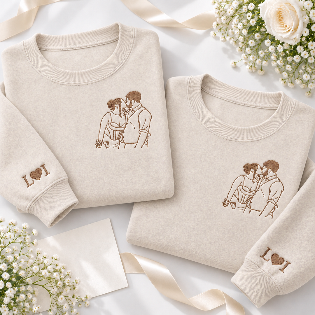 Sweat-shirt personnalisé avec contour brodé d'un portrait de couple – cadeau d'anniversaire ou de Noël