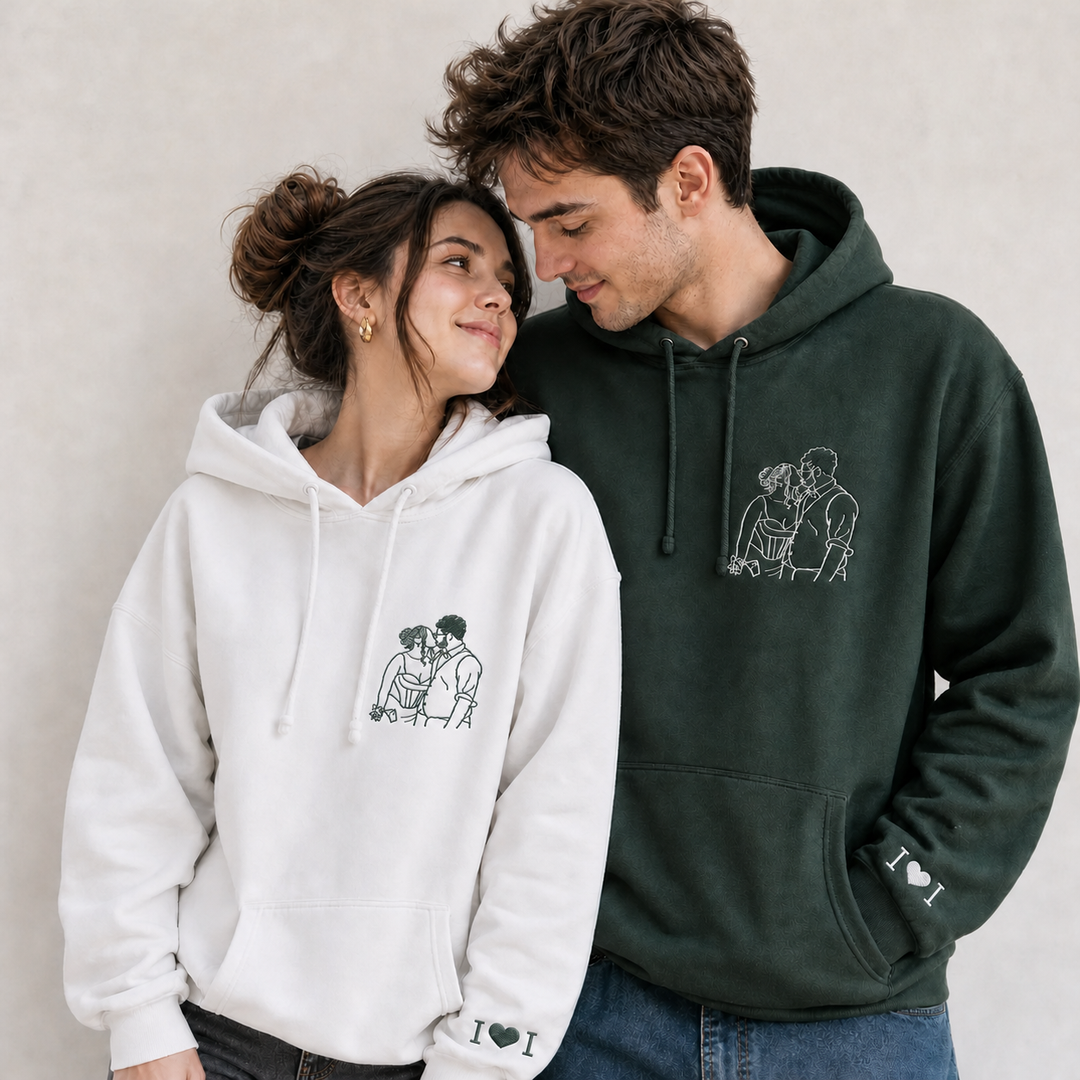 Sweat-shirt personnalisé avec contour brodé d'un portrait de couple – cadeau d'anniversaire ou de Noël