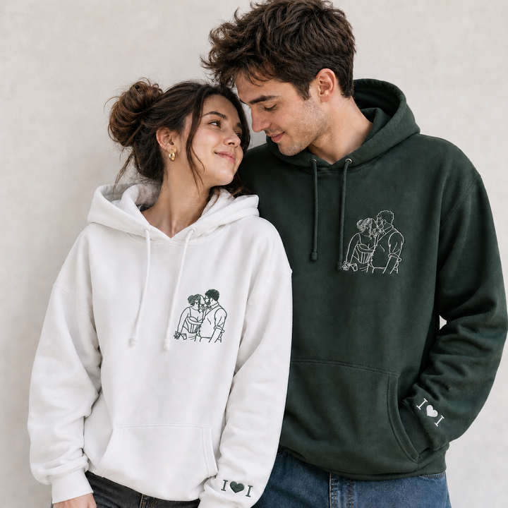 Sweat-shirt personnalisé avec contour brodé d'un portrait de couple – cadeau d'anniversaire ou de Noël
