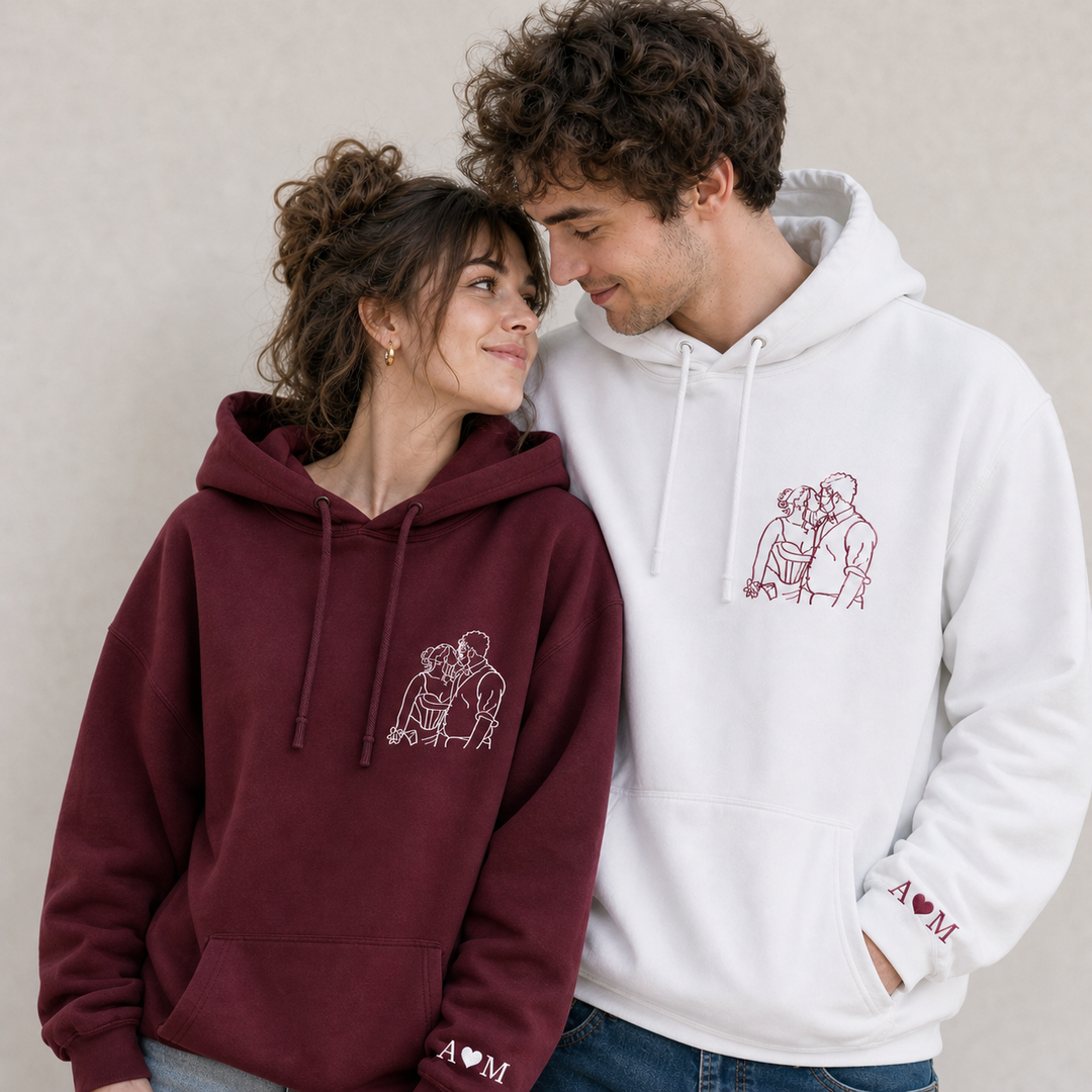 Sweat-shirt personnalisé avec contour brodé d'un portrait de couple – cadeau d'anniversaire ou de Noël