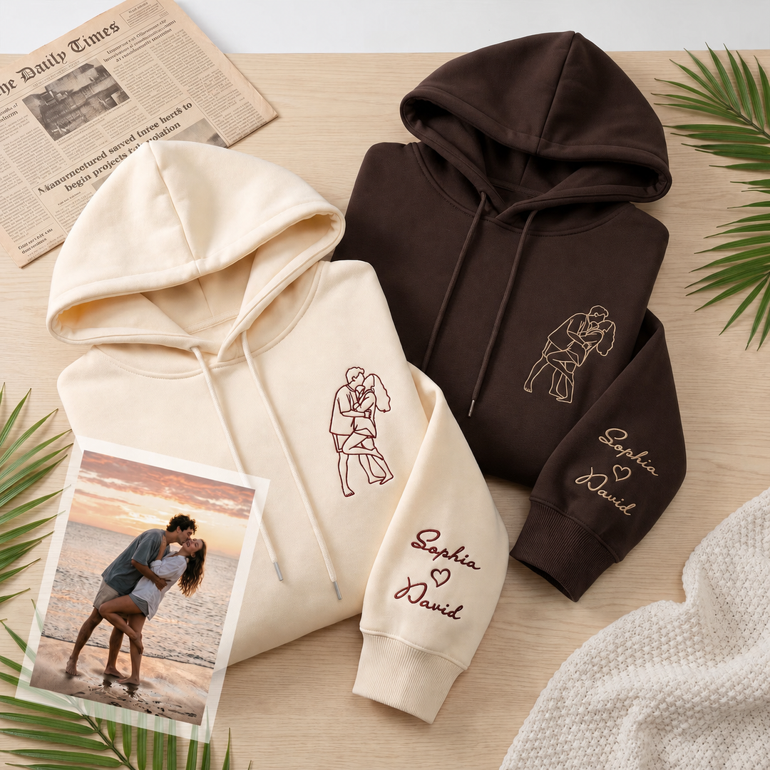 Sweat-shirt brodé avec contour de photo de couple personnalisé et prénoms sur la manche – Cadeau romantique pour anniversaire ou Noël