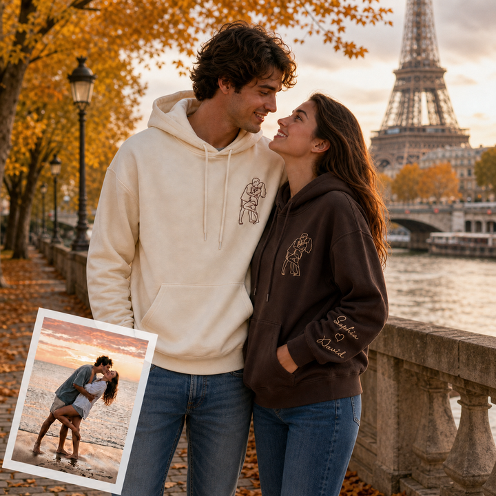 Sweat-shirt brodé avec contour de photo de couple personnalisé et prénoms sur la manche – Cadeau romantique pour anniversaire ou Noël