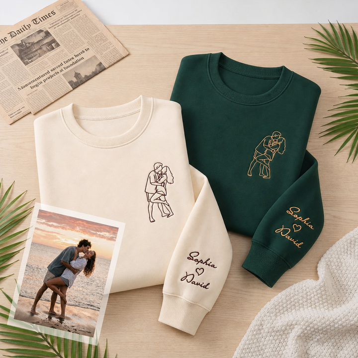 Sweat-shirt brodé avec contour de photo de couple personnalisé et prénoms sur la manche – Cadeau romantique pour anniversaire ou Noël