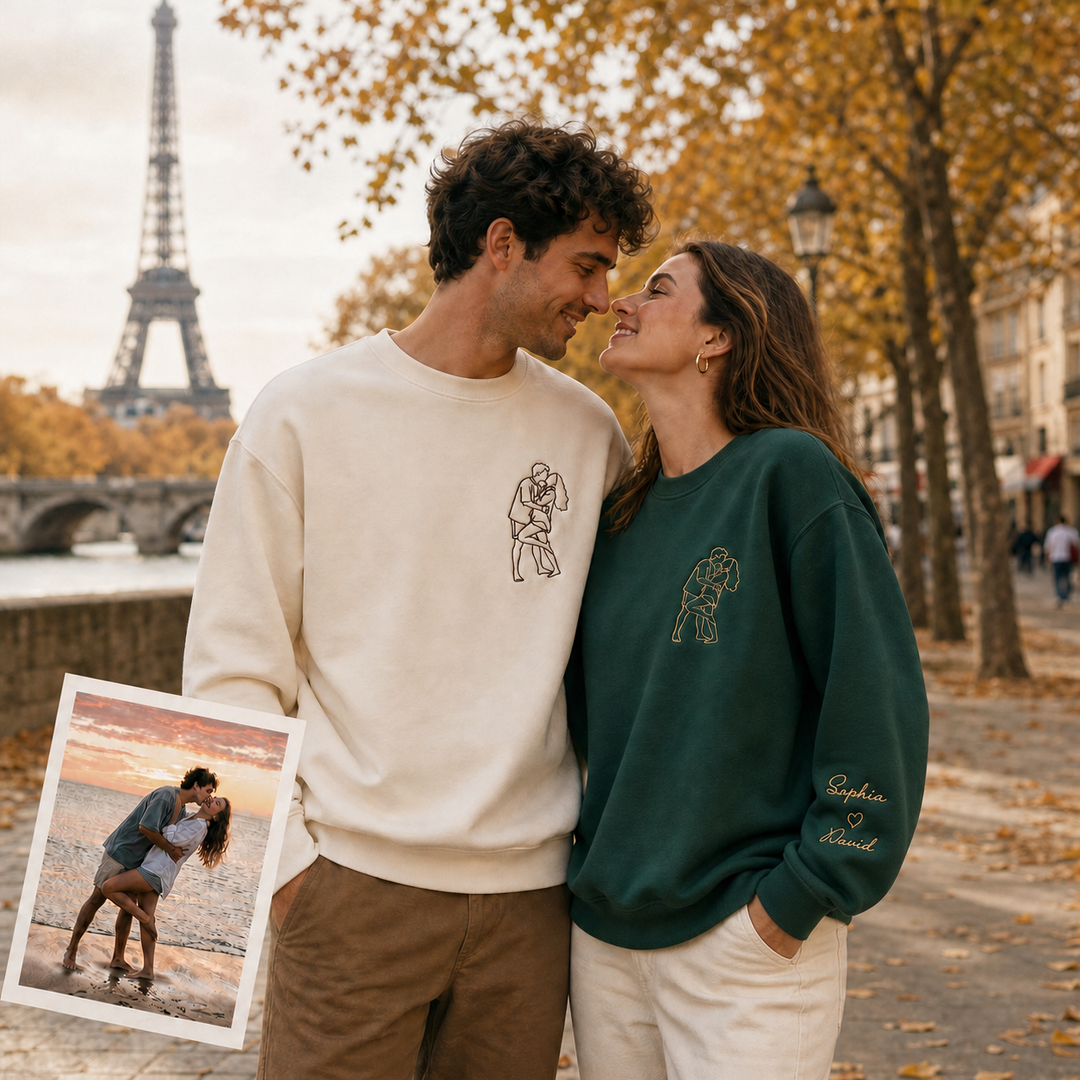 Sweat-shirt brodé avec contour de photo de couple personnalisé et prénoms sur la manche – Cadeau romantique pour anniversaire ou Noël