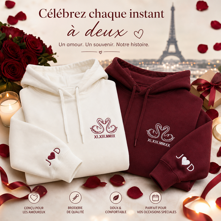 Sweat-shirt Couple Brodé Personnalisé avec Cygnes, Date en Chiffres Romains et Initiales sur la Manche