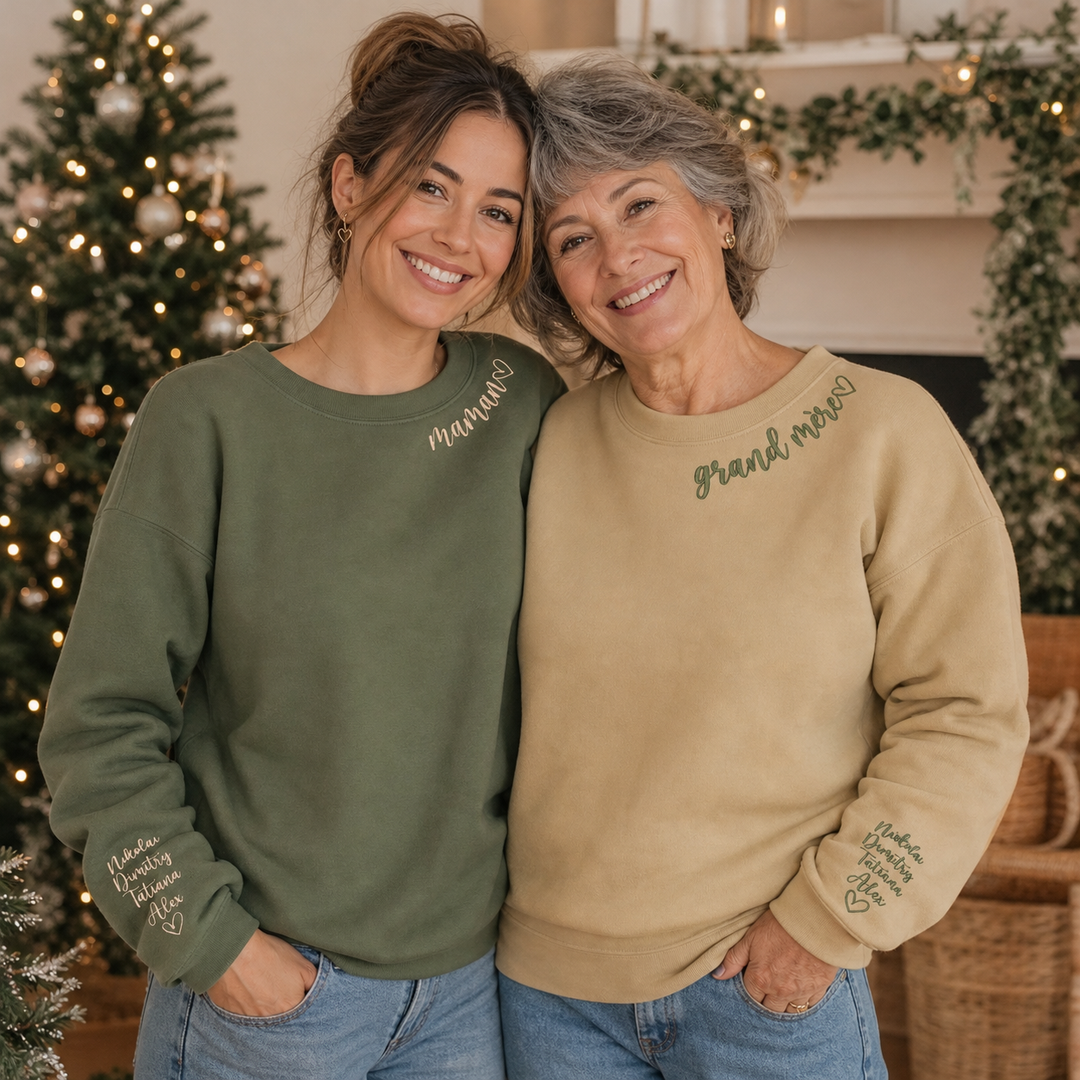 Sweat-shirt brodé personnalisé avec les noms des enfants sur la manche, cadeau parfait pour maman ou la famille