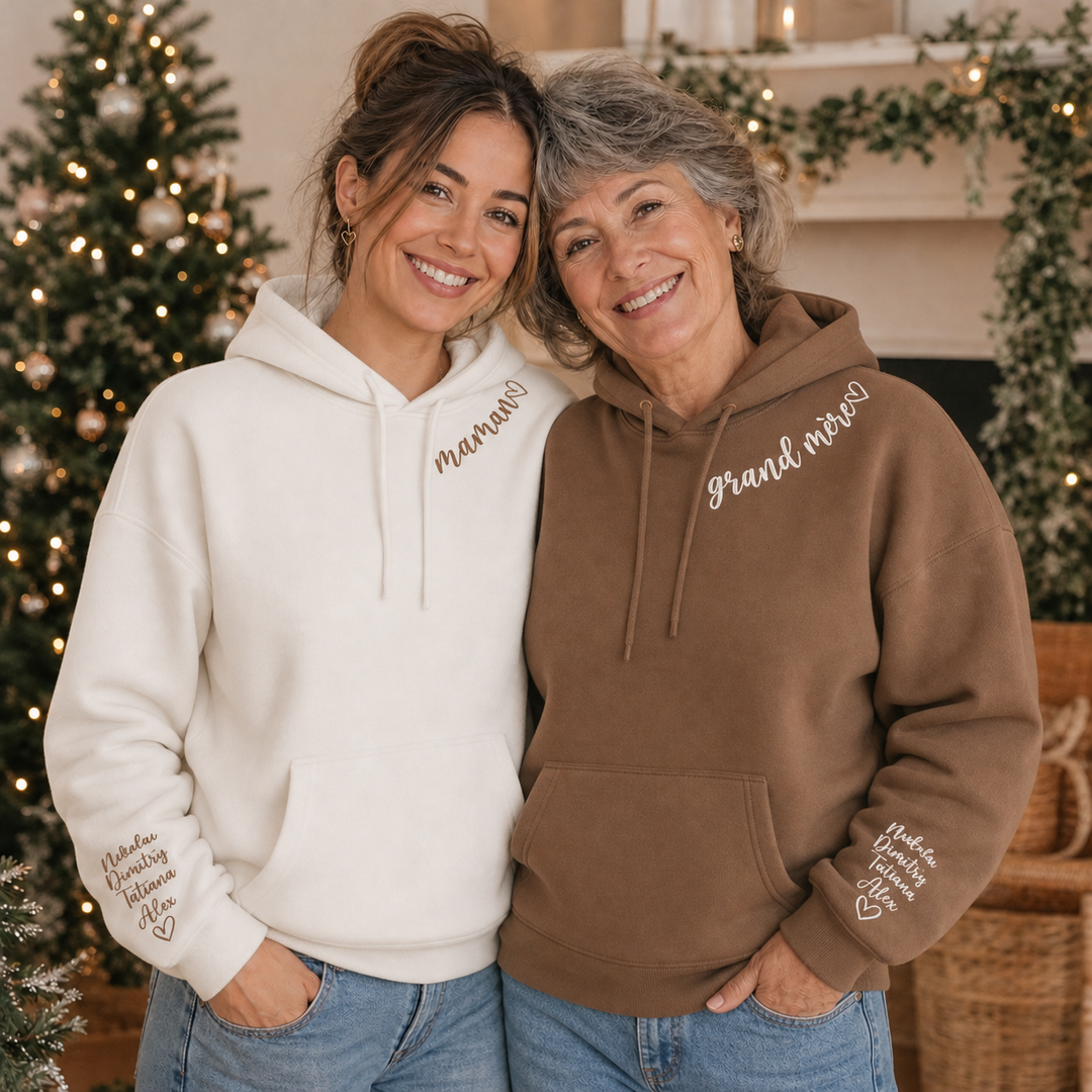Sweat-shirt brodé personnalisé avec les noms des enfants sur la manche, cadeau parfait pour maman ou la famille
