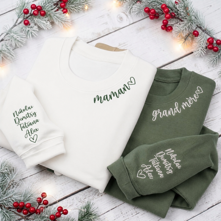 Sweat-shirt brodé personnalisé avec les noms des enfants sur la manche, cadeau parfait pour maman ou la famille