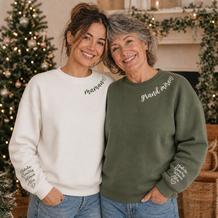Sweat-shirt brodé personnalisé avec les noms des enfants sur la manche, cadeau parfait pour maman ou la famille