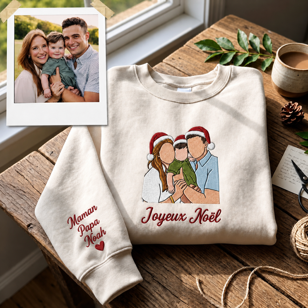 Sweat-shirt Brodé Personnalisé avec Photo de Famille et Bonnets de Noël