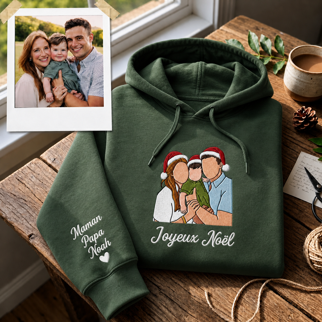 Sweat-shirt Brodé Personnalisé avec Photo de Famille et Bonnets de Noël